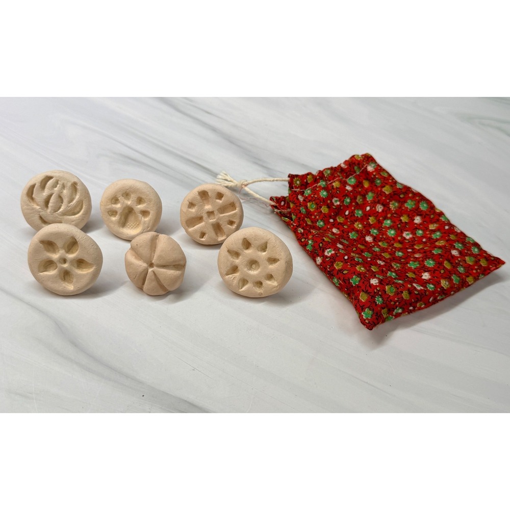 Handmade Clay Pottery Stamps Set of 6 Floral Geometric Patterns with Storage Bag